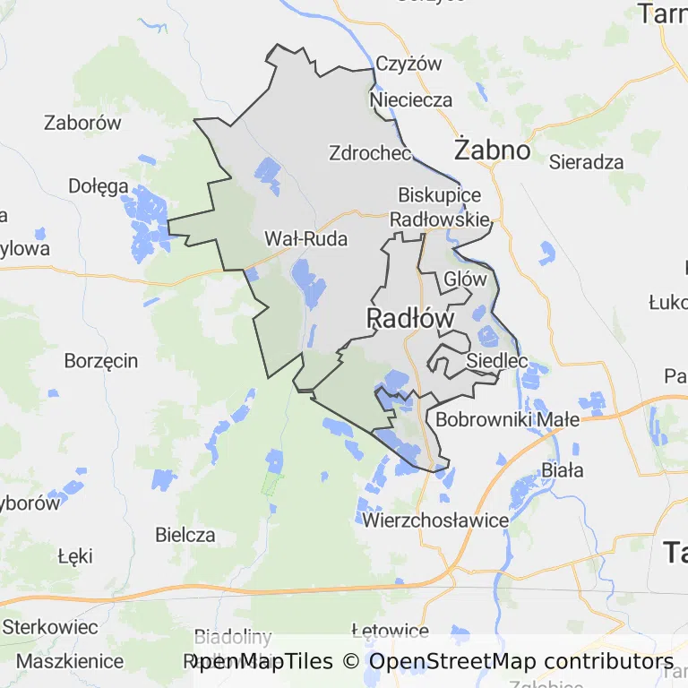 Mapa z zaznaczonym Radłowem