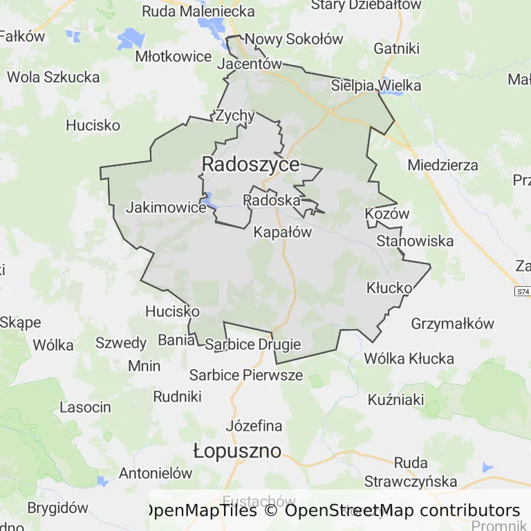 Mapa z zaznaczonymi Radoszycami