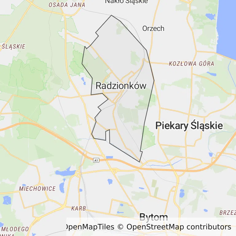 Mapa z zaznaczonym Radzionkowem