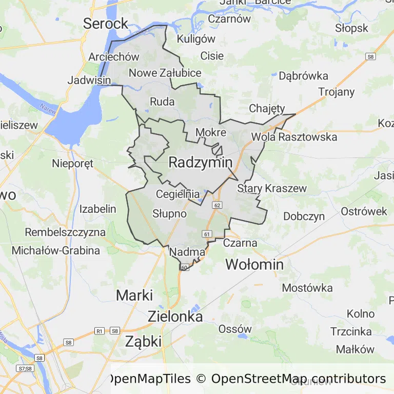 Mapa z zaznaczonym Radzyminem