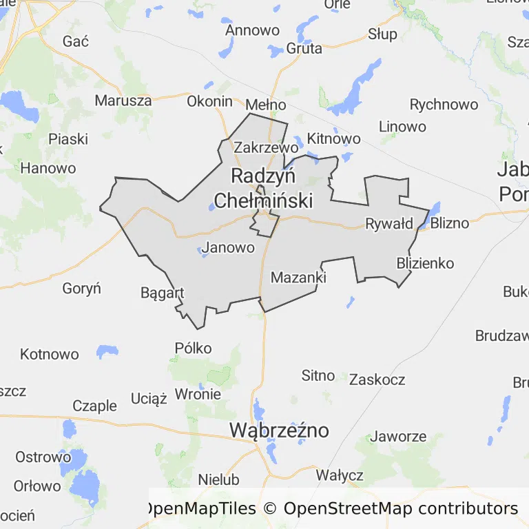 Mapa z zaznaczonym Radzyniu Chełmińskim