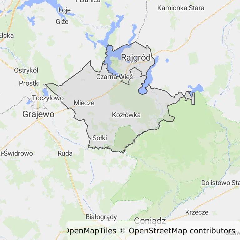 Mapa z zaznaczonym Rajgrodzem