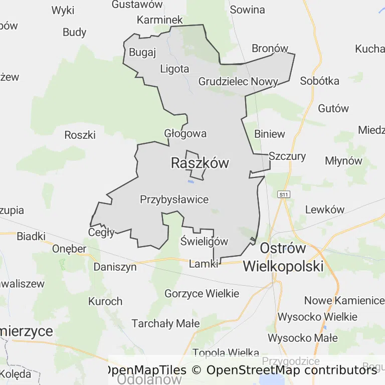 Mapa z zaznaczonym Raszkowem