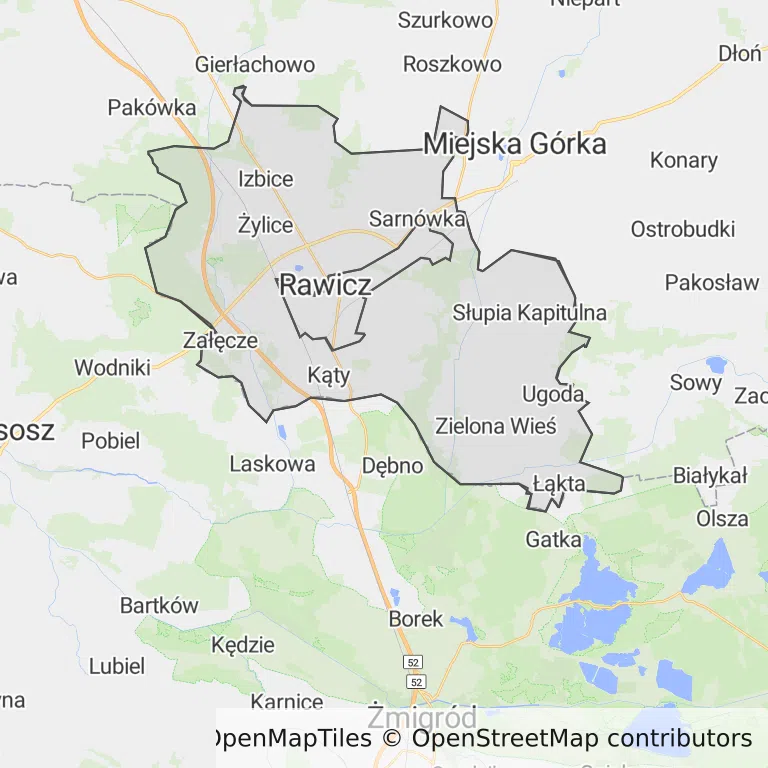 Mapa z zaznaczonym Rawiczem