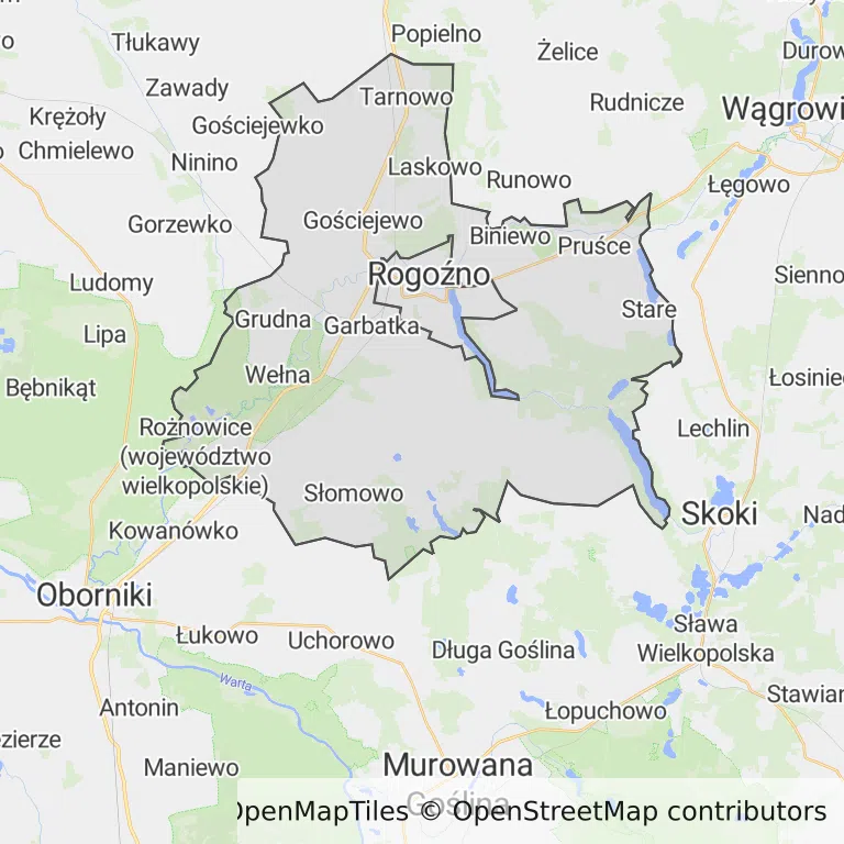 Mapa z zaznaczonym Rogoźnem
