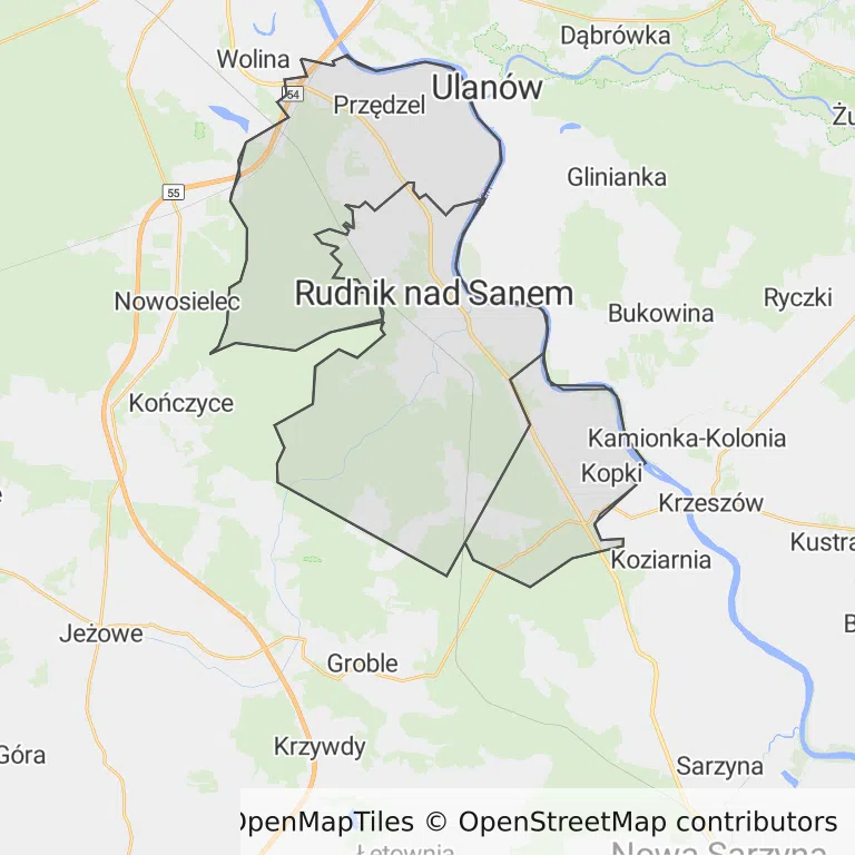 Mapa z zaznaczonym Rudniku nad Sanem