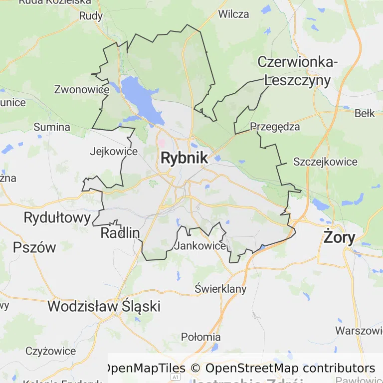 Mapa z zaznaczonym Rybnikiem