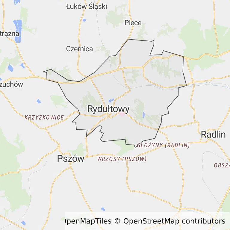 Mapa z zaznaczonym Rydułtowami