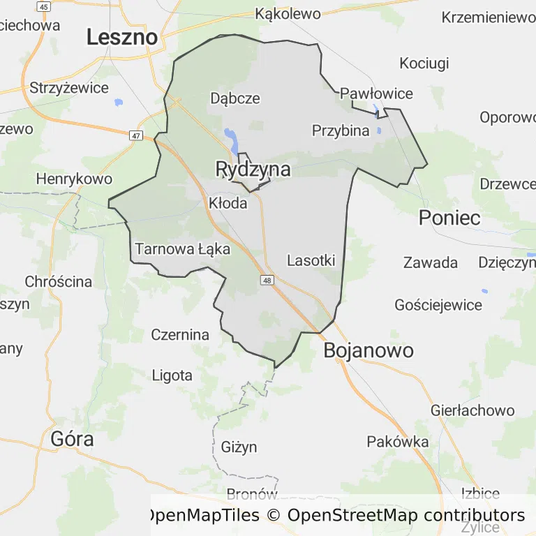 Mapa z zaznaczoną Rydzynem