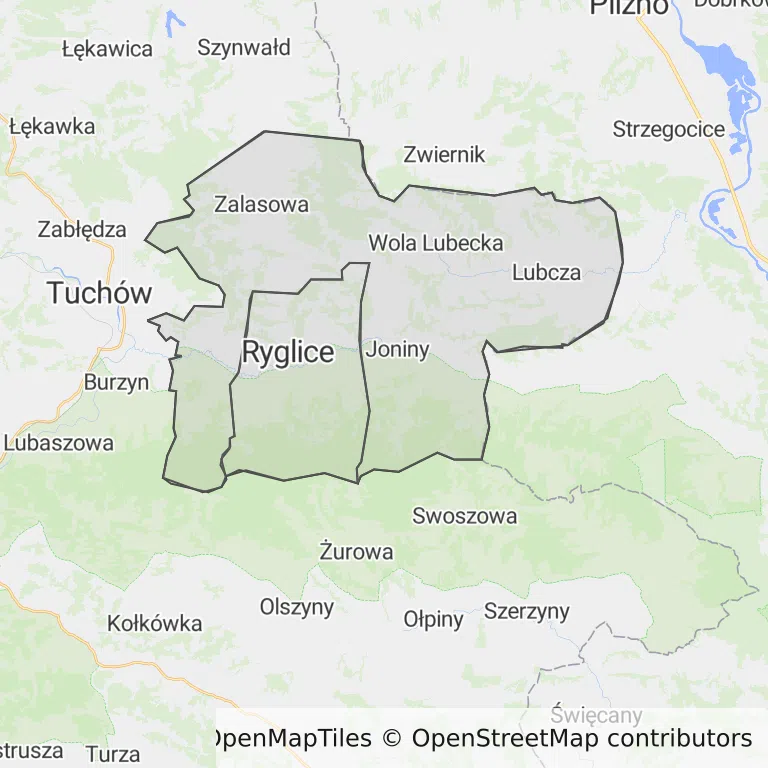 Mapa z zaznaczonymi Ryglicami