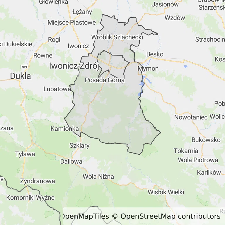 Mapa z zaznaczonym Rymanowem