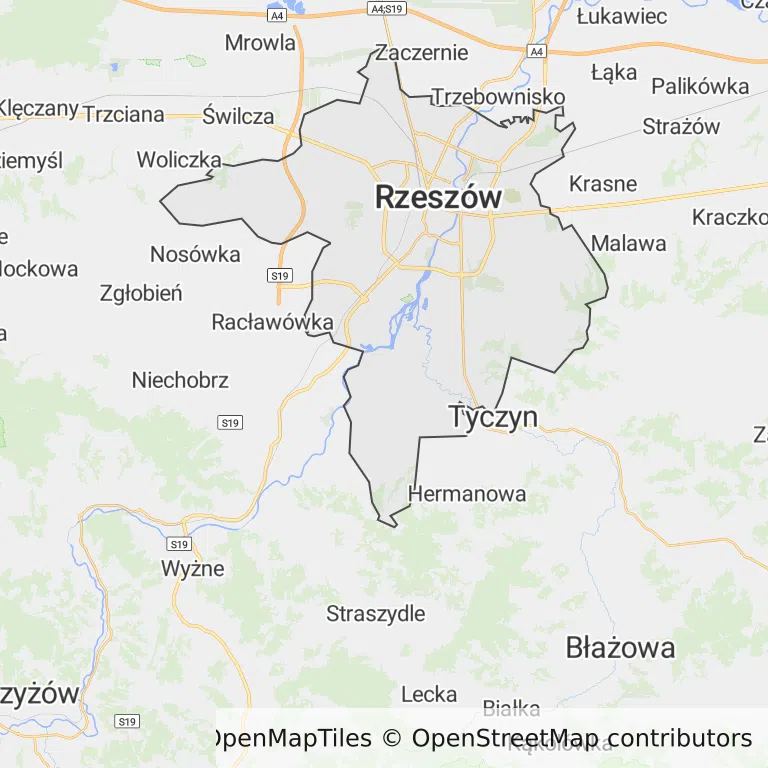 Mapa z zaznaczonym Rzeszowem