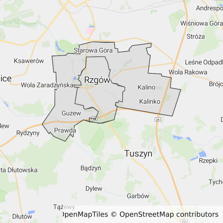 Mapa z zaznaczonym Rzgowem