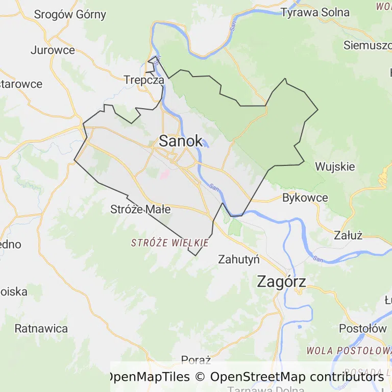 Mapa z zaznaczonym Sanokiem