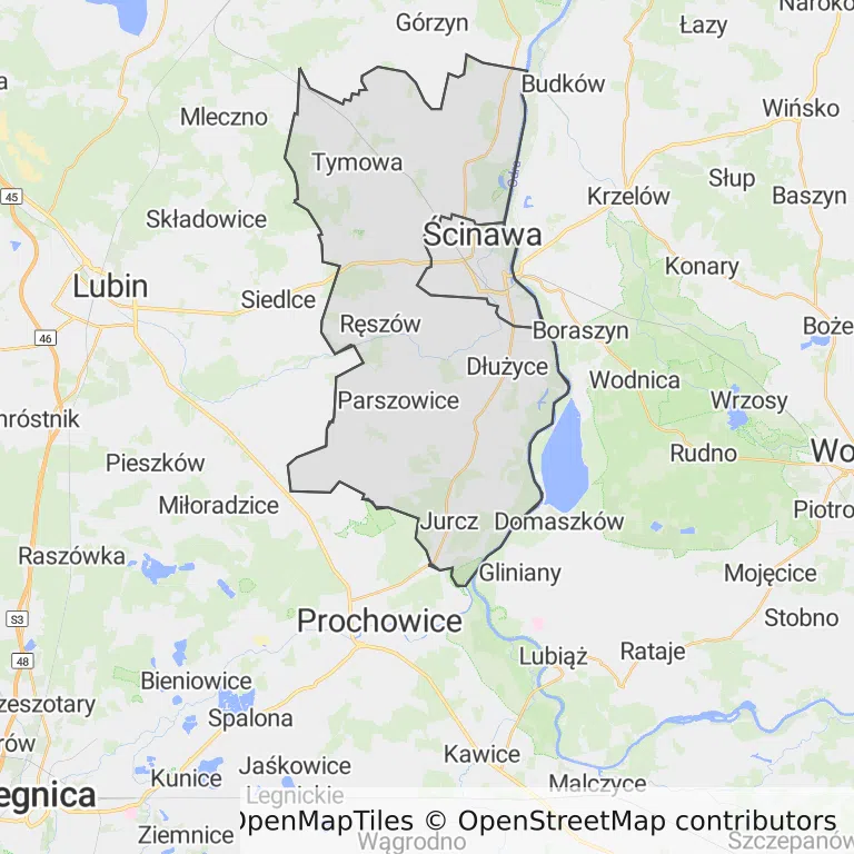 Mapa z zaznaczoną Ścinawem