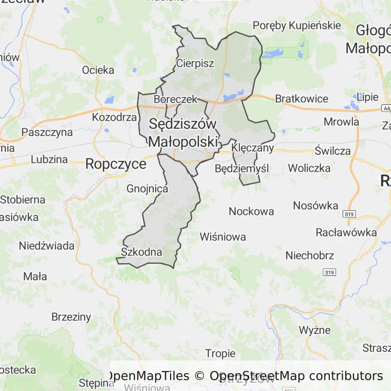 Mapa z zaznaczonym Sędziszowie Małopolskim