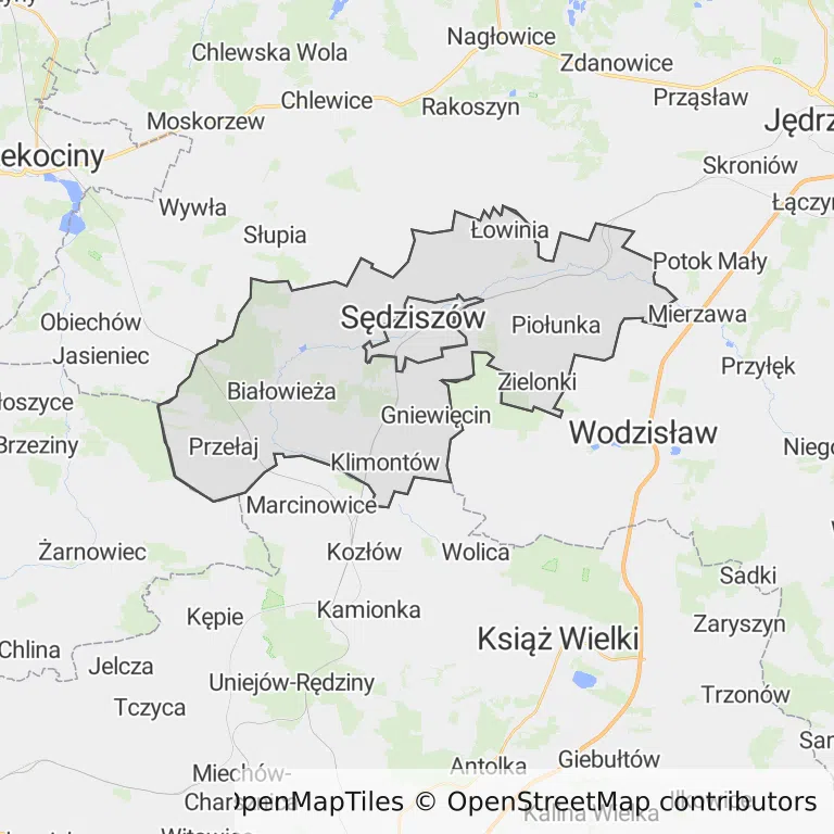 Mapa z zaznaczonym Sędziszowem