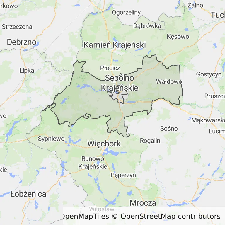 Mapa z zaznaczonym Sępólnie Krajeńskim
