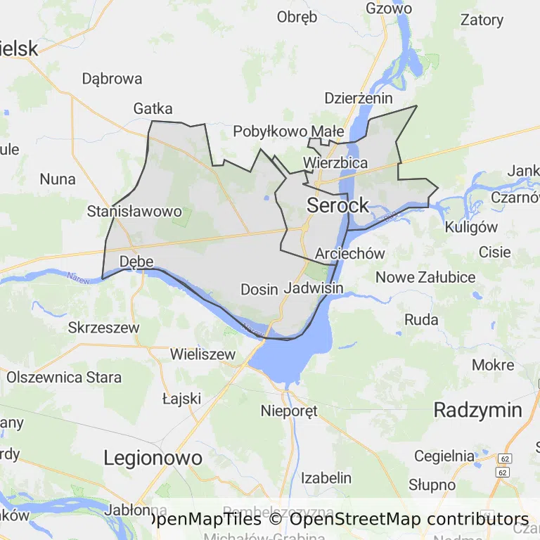 Mapa z zaznaczonym Serockiem