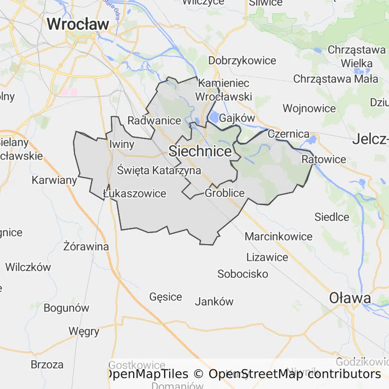 Mapa z zaznaczonymi Siechnicami