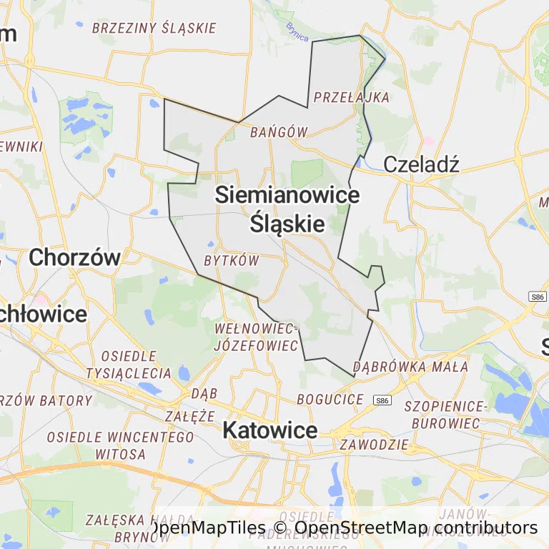 Mapa z zaznaczonym Siemianowicach Śląskich