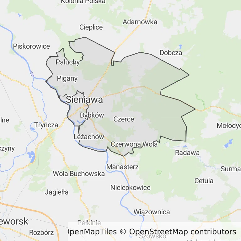 Mapa z zaznaczoną Sieniawem