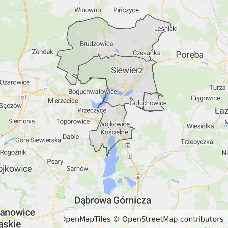 Mapa z zaznaczonym Siewierzem