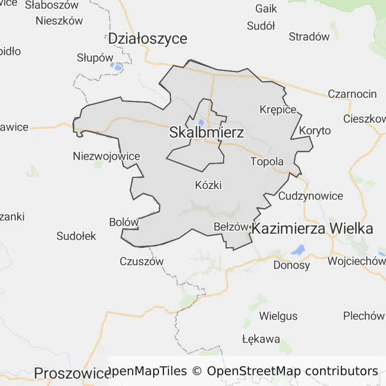 Mapa z zaznaczonym Skalbmierzem