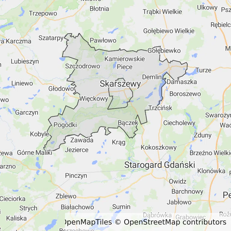 Mapa z zaznaczonym Skarszewami