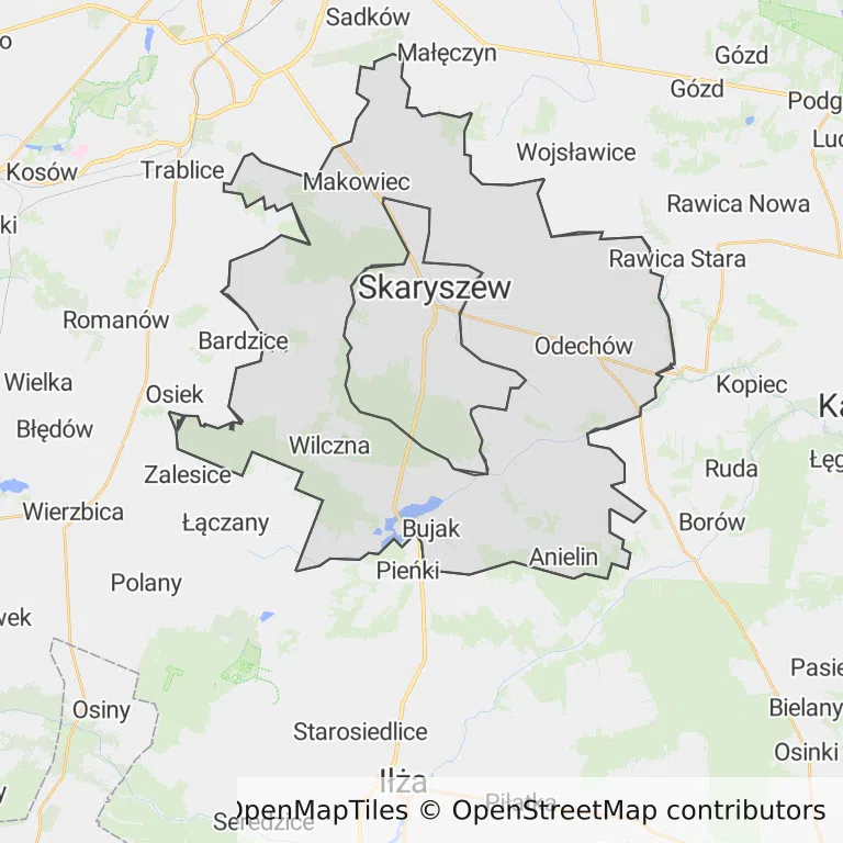 Mapa z zaznaczonym Skaryszewem