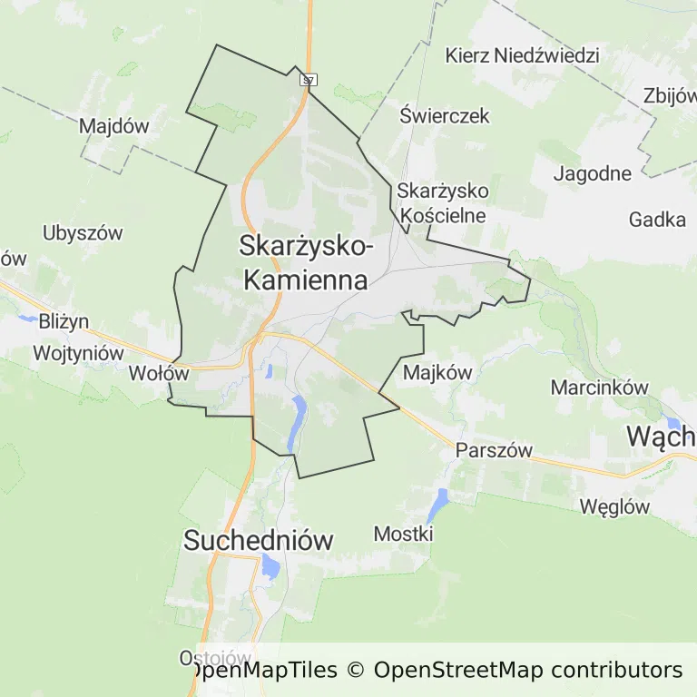 Mapa z zaznaczoną Skarżysku-Kamiennej