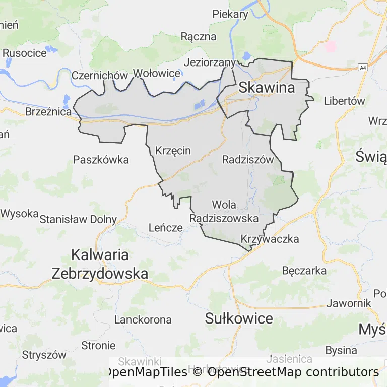 Mapa z zaznaczoną Skawinem