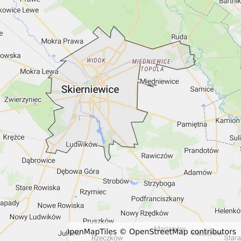 Mapa z zaznaczonymi Skierniewicami