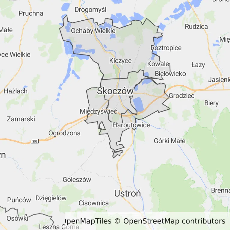Mapa z zaznaczonym Skoczowem
