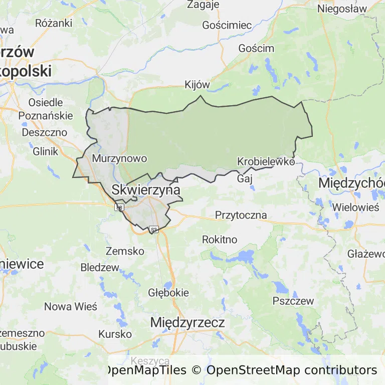 Mapa z zaznaczoną Skwierzynem
