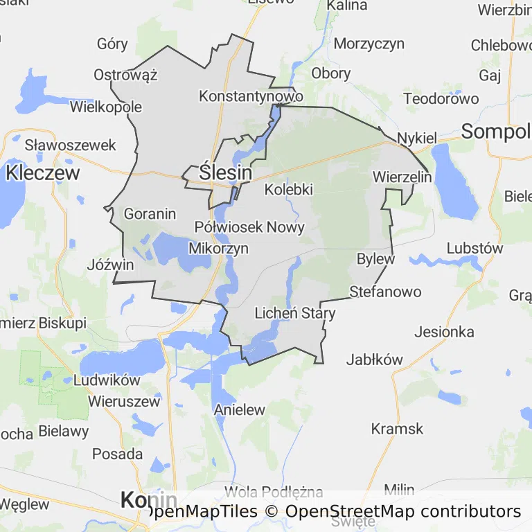 Mapa z zaznaczonym Ślesinem