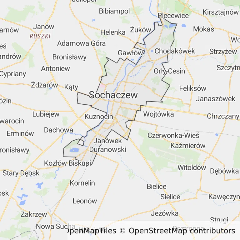 Mapa z zaznaczonym Sochaczewem