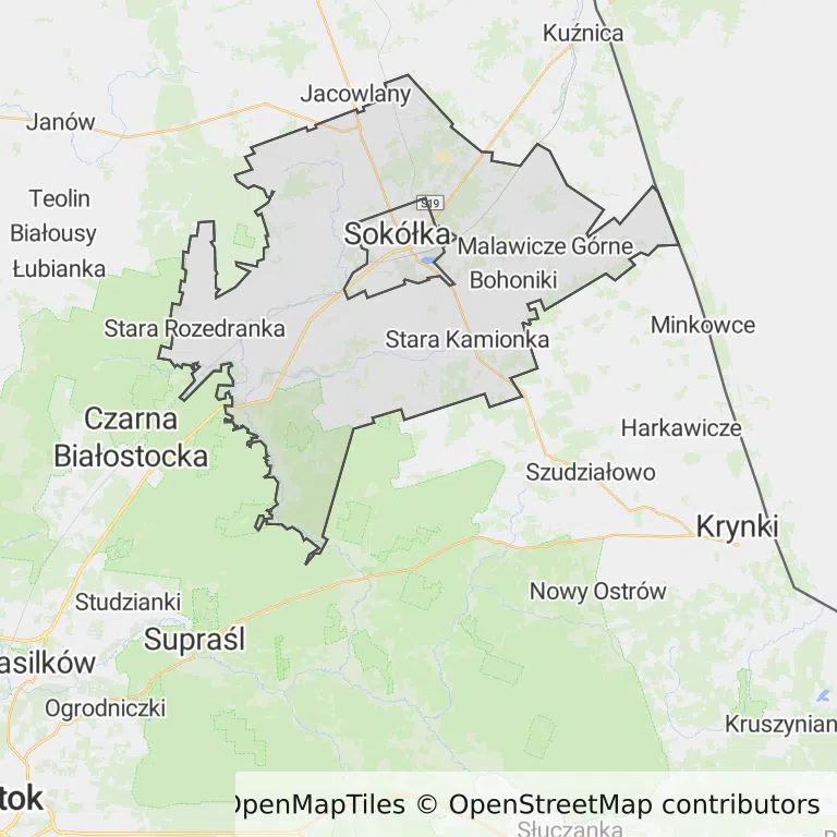 Mapa z zaznaczoną Sokółką