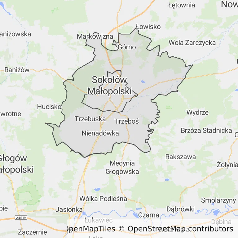 Mapa z zaznaczonym Sokołowie Małopolskim