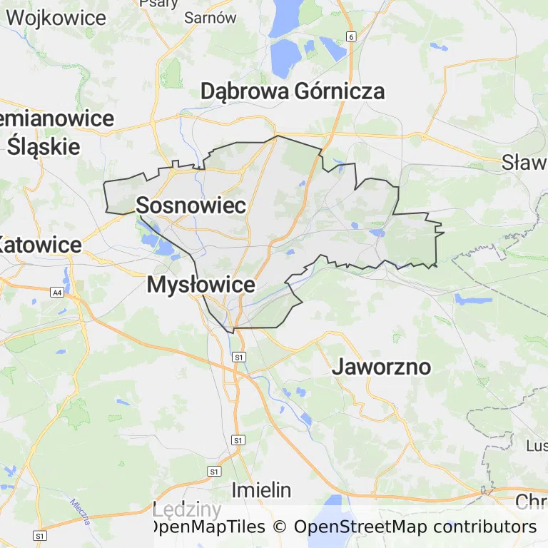 Mapa z zaznaczonym Sosnowcem