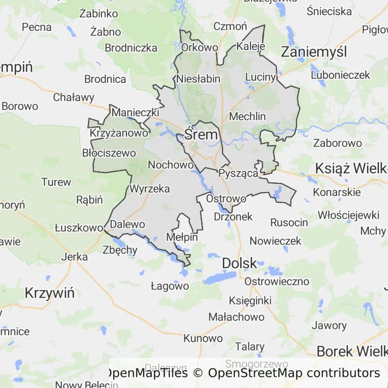 Mapa z zaznaczonym Śremem