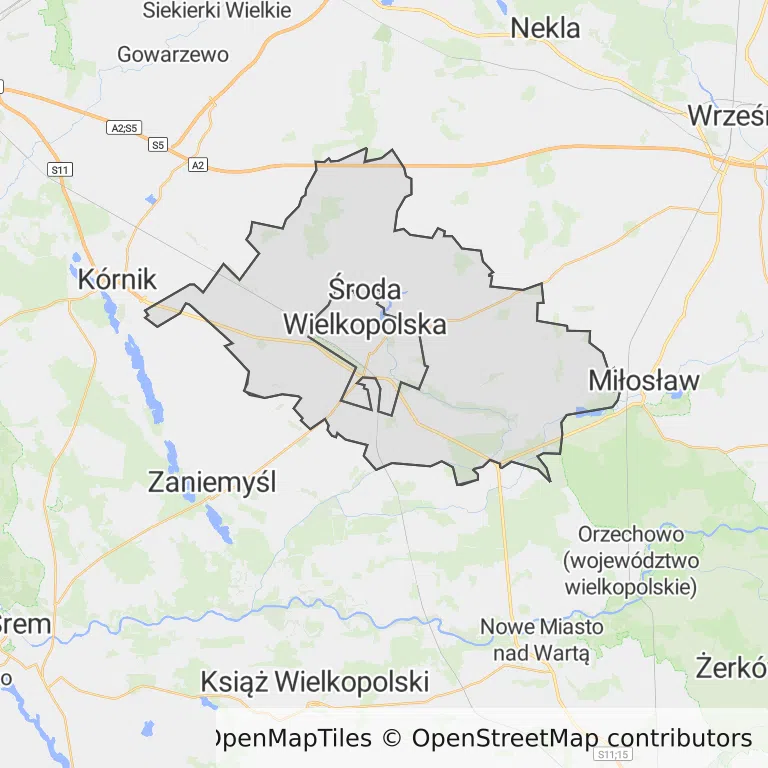 Mapa z zaznaczoną Środzie Wielkopolskiej