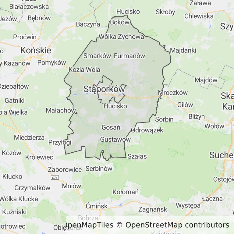 Mapa z zaznaczonym Stąporkowem