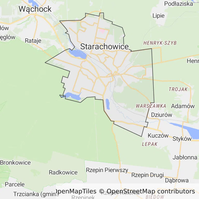 Mapa z zaznaczonymi Starachowicami