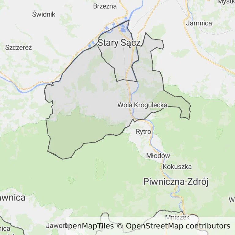 Mapa z zaznaczonym Starym Sączem