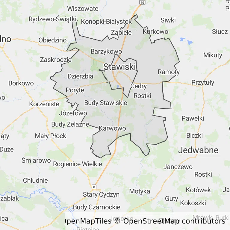 Mapa z zaznaczonym Stawiskami