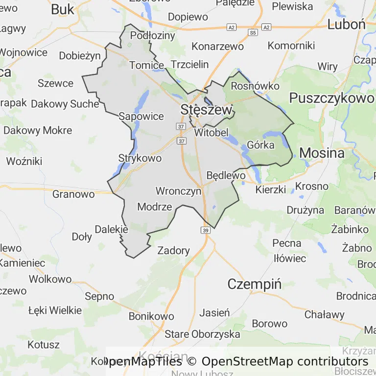 Mapa z zaznaczonym Stęszewem