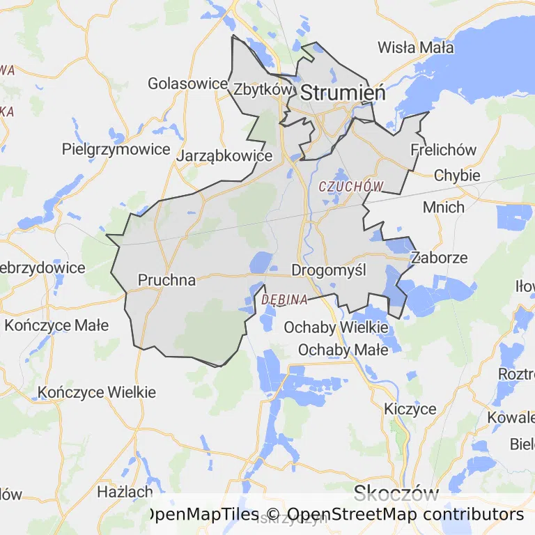 Mapa z zaznaczonym Strumieniu