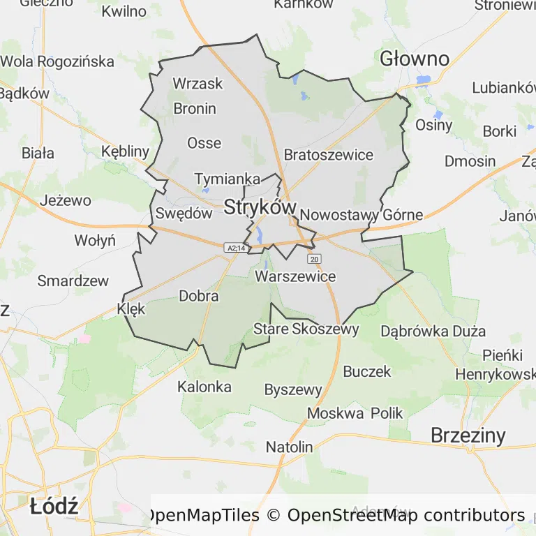 Mapa z zaznaczonym Strykowem