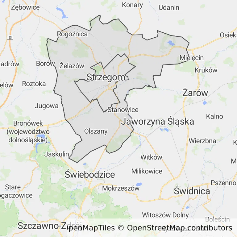 Mapa z zaznaczonym Strzegomiu